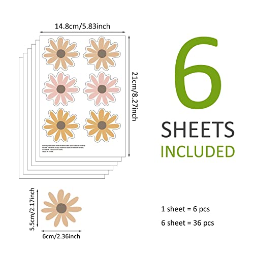 QUCHENG Daisy Wall Decals Boho Girls Bedroom Floral Stickers Removable Decor Nursery Kids Room Vinyl Murals DIY Cute Decorations 6 Sheets