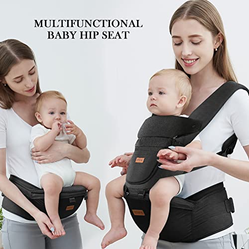 Baby Carrier with Hip Seat, Baby Carrier Newborn to Toddler, 6-in-1 Ways to Carry, All Seasons, Adjustable Baby Holder Carrier for Breastfeeding (Black）