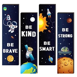 4 pieces space decor wooden hanging wall plaques, outer space theme room wall art decor, boys bedroom decor space motivational quote for baby kids classroom nursery