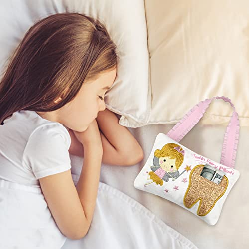 Tooth Fairy Pillow Embroidery Cartoon Fairy Gold Tooth Pocket with Gift Box Tooth Fairy Souvenir Children Gift for Girl Boy (Gold)