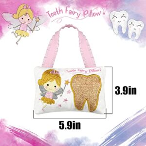 Tooth Fairy Pillow Embroidery Cartoon Fairy Gold Tooth Pocket with Gift Box Tooth Fairy Souvenir Children Gift for Girl Boy (Gold)