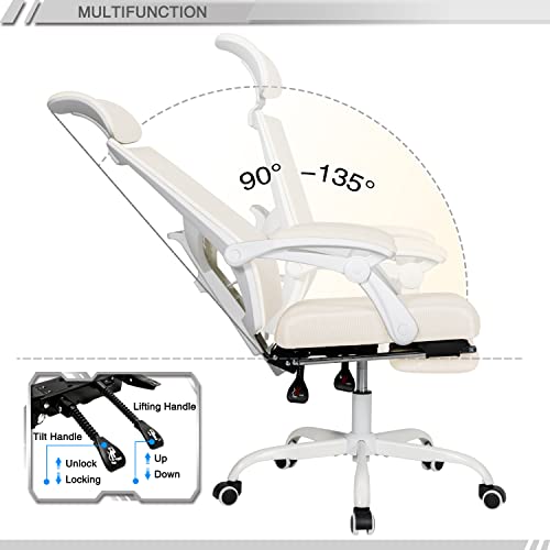 Qulomvs Mesh Ergonomic Office Chair with Footrest Home Office Desk Chair with Headrest and Backrest 90-135 Adjustable Computer Executive Desk Chair with Wheels 360 Swivel Task Chair