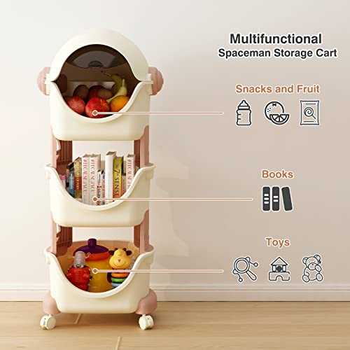 BanaSuper Kids Storage Cart with Wheels Spaceman Shape 3-Tier Rolling Bins for Toddler Dustproof Cover Children Toy Storage Organizer for Kids in Playroom Bedroom Nursery (Pink)