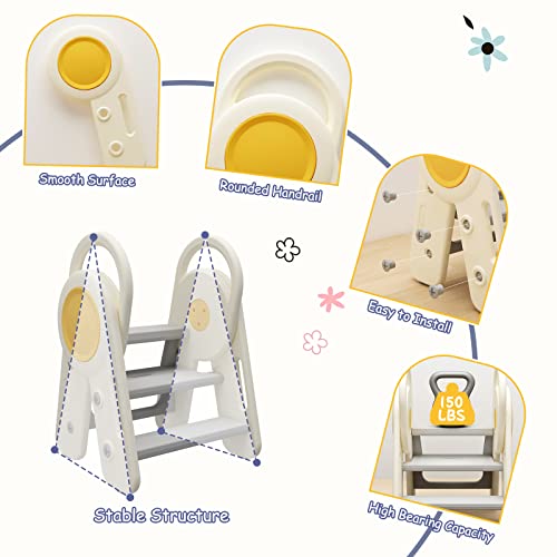 BanaSuper Foldable Toddler Step Stool with Safety Handrail for Kitchen Counter Bathroom Sink Kids Adjustable Toilet Potty Training Stool Children Step Ladder Learning Helper with Non-Slip Pads（Yellow）