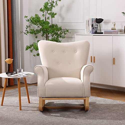 Rophefx Rocking Chairs for Baby Nursery Velvet Glider Rocker with Solid Wood Base Nursery Rocker with High Backrest, Beige