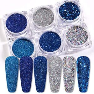 6 Boxes Holographic Nails Glitter Powder Nail Art Supplies Metallic Shining Flakes Blue Silver Nail Glitter Set for Nails Art Decoration