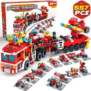 innorock construction building toys for kids - 25 in 1 fire truck boat helicopter car toy building blocks model kit educational stem activities gifts for boys girls teen age 6 7 8 9 10 11 12 year old
