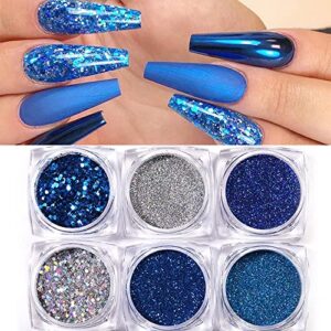 6 Boxes Holographic Nails Glitter Powder Nail Art Supplies Metallic Shining Flakes Blue Silver Nail Glitter Set for Nails Art Decoration