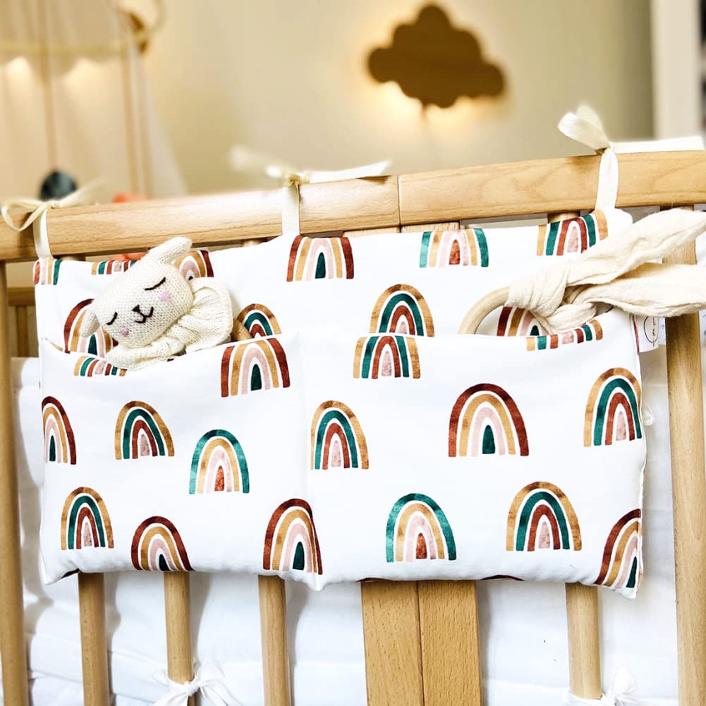 YeeMan Cotton Baby Bedside Hanging Storage Bag,2 Pockets Organizer for Baby Cribs and Toys (Rainbow)