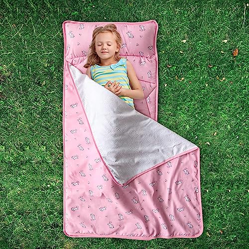 Toddler Nap Mat with Pillow and Blanket 50" x 21" x 1.5", Nap Mat for Boys Girls Super Soft and Cozy, Kids Sleeping Bag for Preschool, Daycare, Toddler Sleeping Bag, Pink Horse