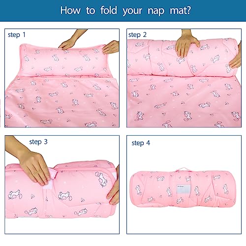 Toddler Nap Mat with Pillow and Blanket 50" x 21" x 1.5", Nap Mat for Boys Girls Super Soft and Cozy, Kids Sleeping Bag for Preschool, Daycare, Toddler Sleeping Bag, Pink Horse