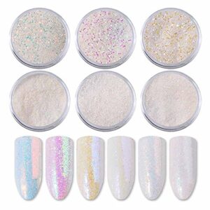 6 pcs pearl nail powder set, neon rainbow holographic ice transparent aurora nail powder, chrome iridescent pigment pearlescent high gloss nail art glitter