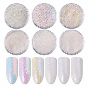 6 Pcs Pearl Nail Powder Set, Neon Rainbow Holographic Ice Transparent Aurora Nail Powder, Chrome Iridescent Pigment Pearlescent High Gloss Nail Art Glitter