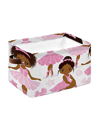 Storage Basket Pink Ballet Girl Storage Bin with Handles, Cute Princess Africa American Dancer Collapsible Organizer Storage Cubes Bins for Closet, Laundry Clothes, Bathroom, Nursery Toys