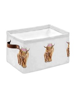 storage basket highland cattle yak cow with flower storage bin with handles, animal art on white collapsible organizer storage cubes bins for closet, laundry clothes, bathroom, nursery toys