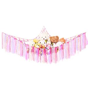 dahey stuffed animal net or hammock with string light macrame toy holder wall corner hanging storage organizer plush net hammock colorful tassels boho decor for nursery kid playroom bedroom, pink