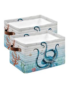 storage basket marine ocean blue octopus animal seaweed storage bin with handles, vintage wooden grain collapsible organizer storage cubes bins for closet, laundry clothes, bathroom, nursery toys