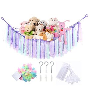 plusroc stuffed animal storage net or hammock with led star light and glow stars, (purple) corner toy organizer holder bags for kids room bedroom wall décor