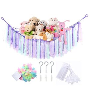 PlusRoc Stuffed Animal Storage Net Or Hammock With LED Star Light And Glow Stars, (Purple) Corner Toy Organizer Holder Bags For Kids Room Bedroom Wall Décor