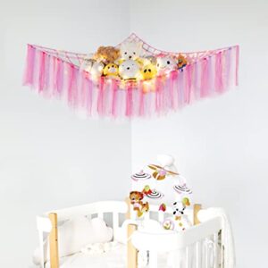 Dahey Stuffed Animal Net or Hammock with String Light Macrame Toy Holder Wall Corner Hanging Storage Organizer Plush Net Hammock Colorful Tassels Boho Decor for Nursery Kid Playroom Bedroom, Pink