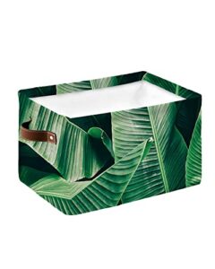 storage basket summer green banana leaves storage bin with handles, tropical nature plant collapsible organizer storage cubes bins for closet, laundry clothes, bathroom, nursery toys