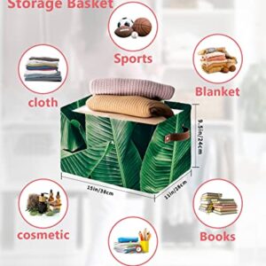 Storage Basket Summer Green Banana Leaves Storage Bin with Handles, Tropical Nature Plant Collapsible Organizer Storage Cubes Bins for Closet, Laundry Clothes, Bathroom, Nursery Toys