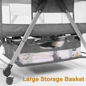 Palopalo Portable Bassinet Baby Bassinet Bedside Sleeper 3 in 1 Bedside Crib with Wheels Co Sleeper for Newborn,Adjustable Height, Comfortable Mattress and A Large Storage Basket Included, Grey