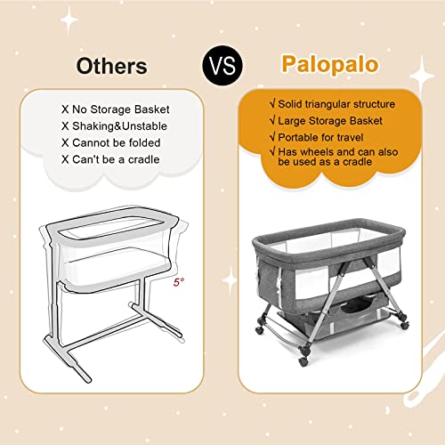 Palopalo Portable Bassinet Baby Bassinet Bedside Sleeper 3 in 1 Bedside Crib with Wheels Co Sleeper for Newborn,Adjustable Height, Comfortable Mattress and A Large Storage Basket Included, Grey