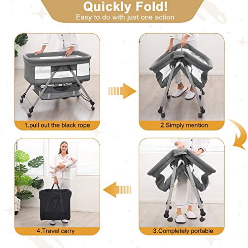 Palopalo Portable Bassinet Baby Bassinet Bedside Sleeper 3 in 1 Bedside Crib with Wheels Co Sleeper for Newborn,Adjustable Height, Comfortable Mattress and A Large Storage Basket Included, Grey