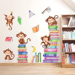 Monkey Wall Decals Animals Monkey Reading Books Wall Stickers for Baby Nursery Kids Bedroom Classroom Wall Decor