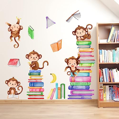 Monkey Wall Decals Animals Monkey Reading Books Wall Stickers for Baby Nursery Kids Bedroom Classroom Wall Decor