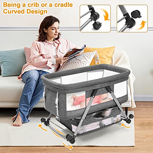 Palopalo Portable Bassinet Baby Bassinet Bedside Sleeper 3 in 1 Bedside Crib with Wheels Co Sleeper for Newborn,Adjustable Height, Comfortable Mattress and A Large Storage Basket Included, Grey