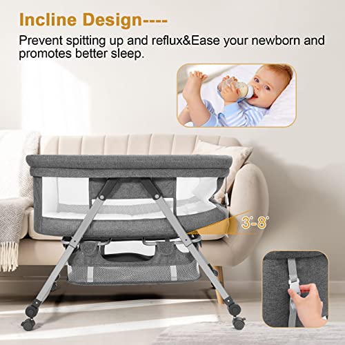 Palopalo Portable Bassinet Baby Bassinet Bedside Sleeper 3 in 1 Bedside Crib with Wheels Co Sleeper for Newborn,Adjustable Height, Comfortable Mattress and A Large Storage Basket Included, Grey