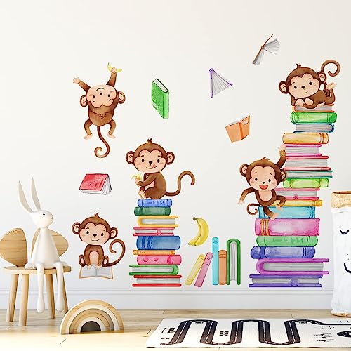 Monkey Wall Decals Animals Monkey Reading Books Wall Stickers for Baby Nursery Kids Bedroom Classroom Wall Decor