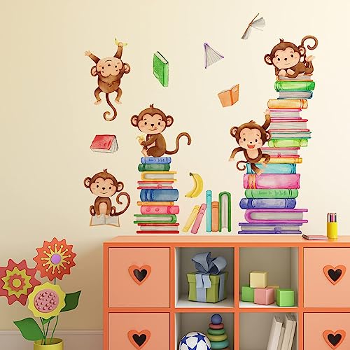 Monkey Wall Decals Animals Monkey Reading Books Wall Stickers for Baby Nursery Kids Bedroom Classroom Wall Decor