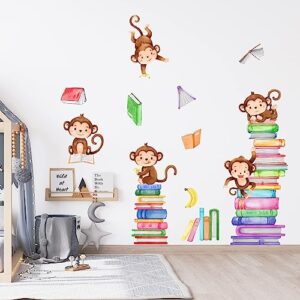 Monkey Wall Decals Animals Monkey Reading Books Wall Stickers for Baby Nursery Kids Bedroom Classroom Wall Decor