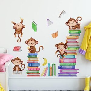 Monkey Wall Decals Animals Monkey Reading Books Wall Stickers for Baby Nursery Kids Bedroom Classroom Wall Decor