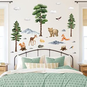 Jungle Animals Wall Decals,Cartoon Animals Wall Stickers,Watercolor Tree Animal Wall Stickers,Nursery Wall Decor Woodland Wall Decals,Bear Forest Animal Wall Decal for Kids Room Bedroom Playroom Decor