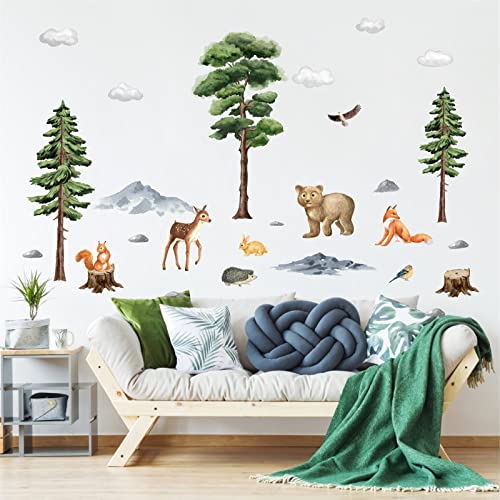 Jungle Animals Wall Decals,Cartoon Animals Wall Stickers,Watercolor Tree Animal Wall Stickers,Nursery Wall Decor Woodland Wall Decals,Bear Forest Animal Wall Decal for Kids Room Bedroom Playroom Decor