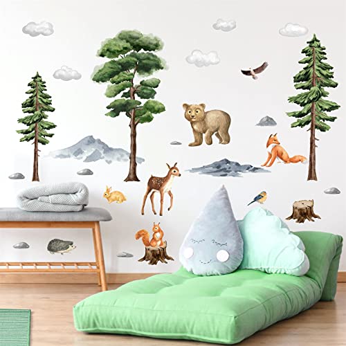 Jungle Animals Wall Decals,Cartoon Animals Wall Stickers,Watercolor Tree Animal Wall Stickers,Nursery Wall Decor Woodland Wall Decals,Bear Forest Animal Wall Decal for Kids Room Bedroom Playroom Decor