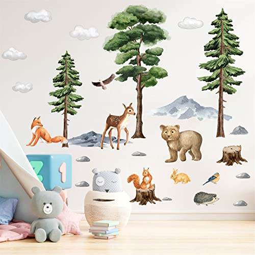 Jungle Animals Wall Decals,Cartoon Animals Wall Stickers,Watercolor Tree Animal Wall Stickers,Nursery Wall Decor Woodland Wall Decals,Bear Forest Animal Wall Decal for Kids Room Bedroom Playroom Decor