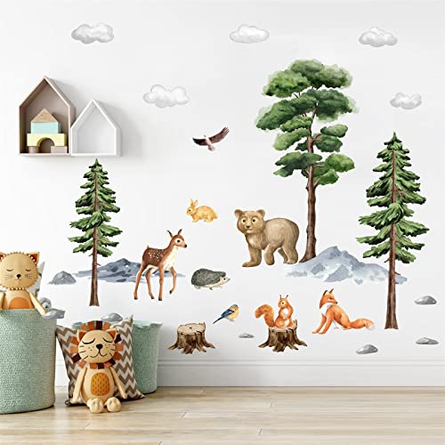 Jungle Animals Wall Decals,Cartoon Animals Wall Stickers,Watercolor Tree Animal Wall Stickers,Nursery Wall Decor Woodland Wall Decals,Bear Forest Animal Wall Decal for Kids Room Bedroom Playroom Decor