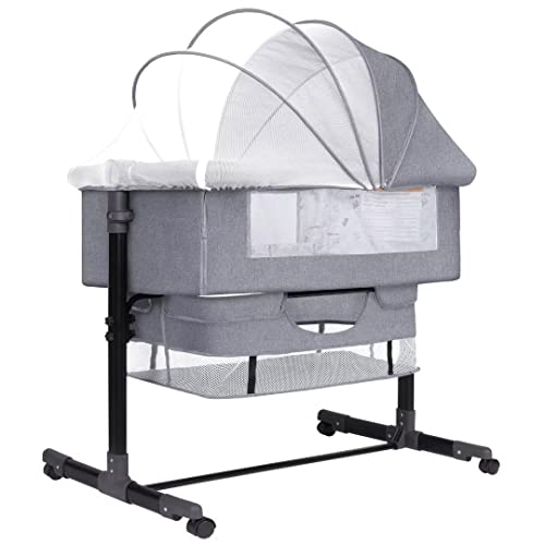 RICUTON Bedside Bassinet for Baby, Bedside Sleeper with Storage Basket, Adjustable Height Portable Crib for Infant/Newborn with Mosquito Nets, Easy Assemble