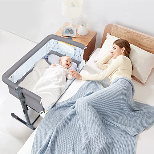 RICUTON Bedside Bassinet for Baby, Bedside Sleeper with Storage Basket, Adjustable Height Portable Crib for Infant/Newborn with Mosquito Nets, Easy Assemble