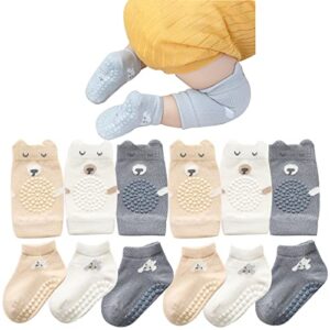 ISANPAN Unisex Baby Crawling Knee Pads and Socks Set, Baby knee Pads (3Pair) Toddler Socks with Grippers (3Pair) Handy to Protect Knees and Prevent Baby Slipping(6-12Months)