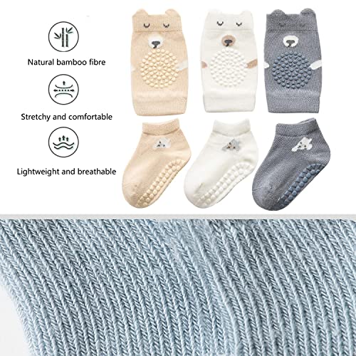 ISANPAN Unisex Baby Crawling Knee Pads and Socks Set, Baby knee Pads (3Pair) Toddler Socks with Grippers (3Pair) Handy to Protect Knees and Prevent Baby Slipping(6-12Months)