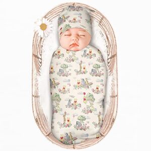 baby swaddle blanket nursery wrap newborn receiving blanket with beanie set，soft stretchy baby swaddling blankets infant swaddle sack for baby boy & girl gifts