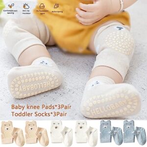 ISANPAN Unisex Baby Crawling Knee Pads and Socks Set, Baby knee Pads (3Pair) Toddler Socks with Grippers (3Pair) Handy to Protect Knees and Prevent Baby Slipping(6-12Months)