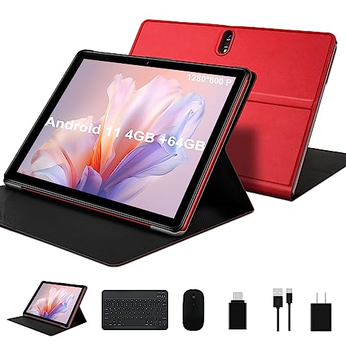 JUSYEA J5-W Android 11 Tablet 10.1 inch Tablets, 4GB RAM 64GB ROM 128GB Expansion, Octa-Core Processor, HD Touch Screen, 8000mAh Battery with Mouse and Keyboard, Case - Red