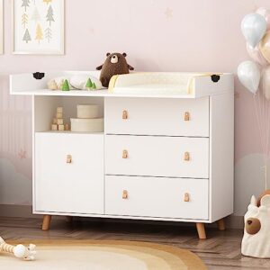 dawnspaces 45 inch baby changing table dresser, 2 in 1 convertible nursery dresser chest for infants with 4 drawers & shelf, storage changing station dresser, white
